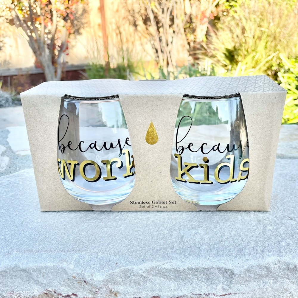 🌈 Box set of (2) “BECAUSE KIDS” & “BECAUSE WORK” stemless wine glasses 🌈